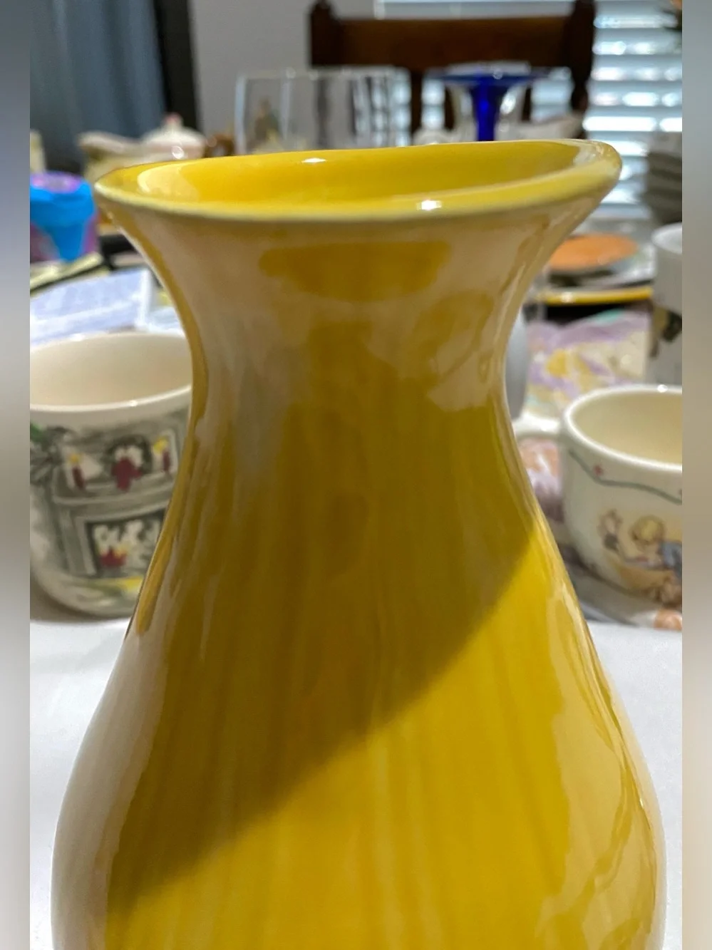 Crate & Barrels Barbara Eigen Yellow Contemporary Ribbed Vase. asymmetrical Top.